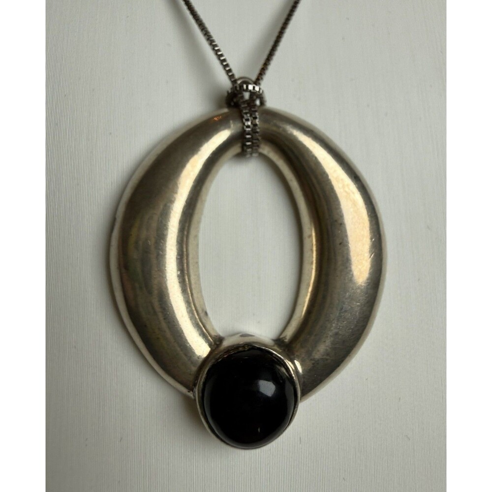 TAXCO Mexico Sterling Silver Onyx Cabochon Pendant SH Modernist Oval Boho 1950s
